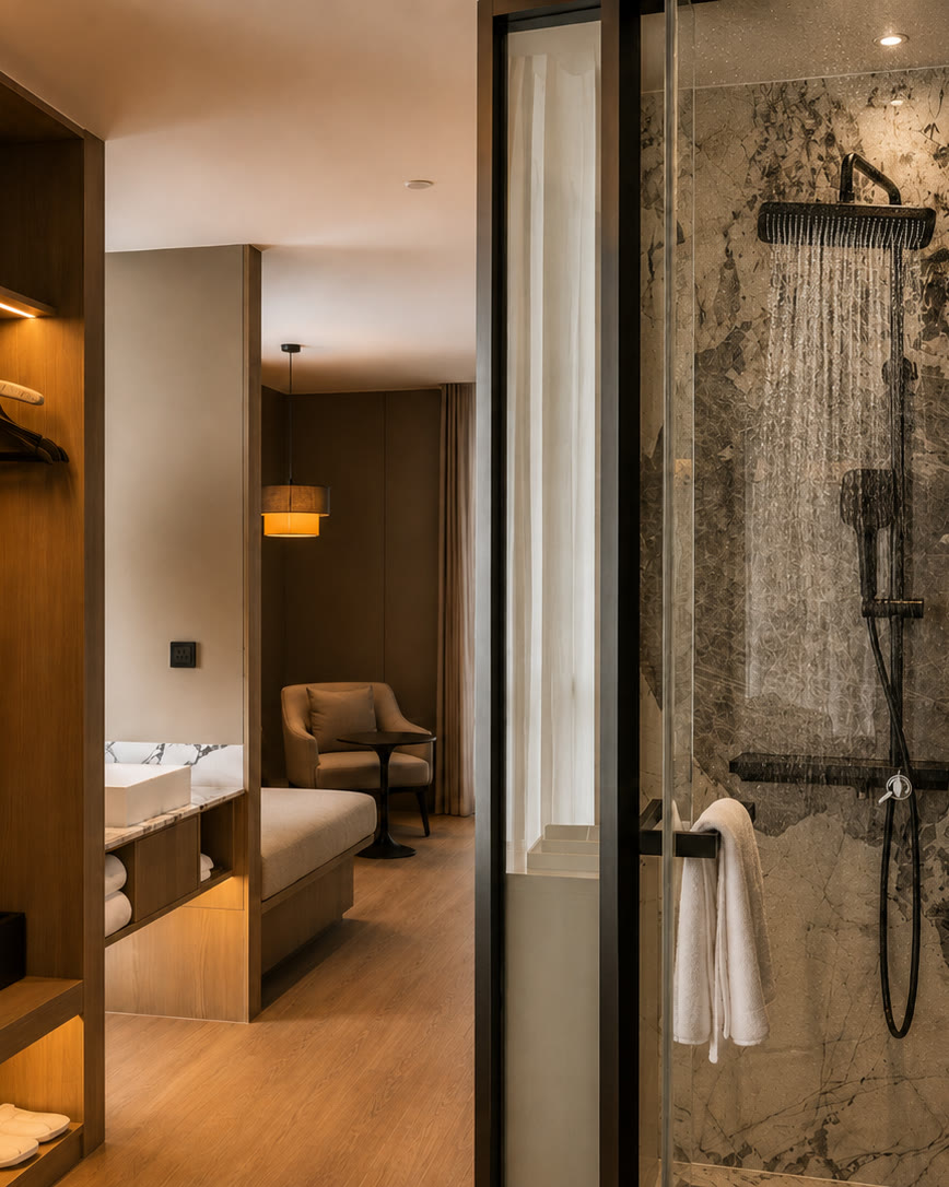 Gallery Suite wardrobe, daybed and rain shower at Portrait Hotel